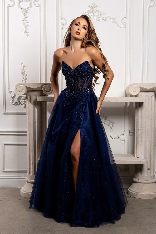 Strapless sweetheart neckline, embellished & glimmering