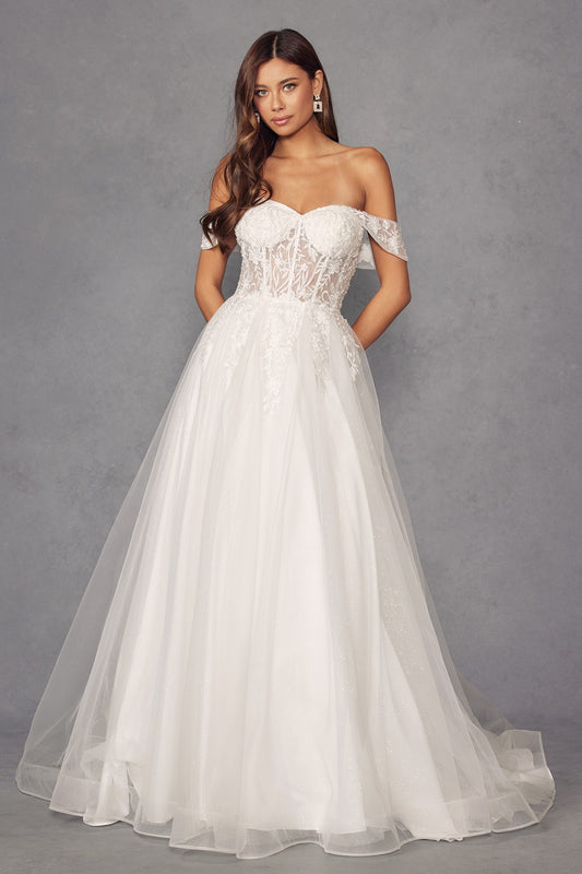 Off-Shoulder Wedding Gown with floral appliqué