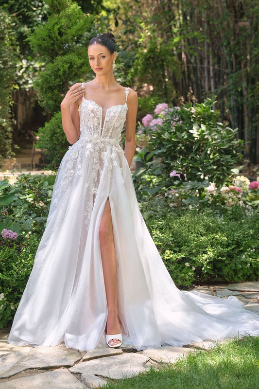 Floral lace appliqué over layered tulle