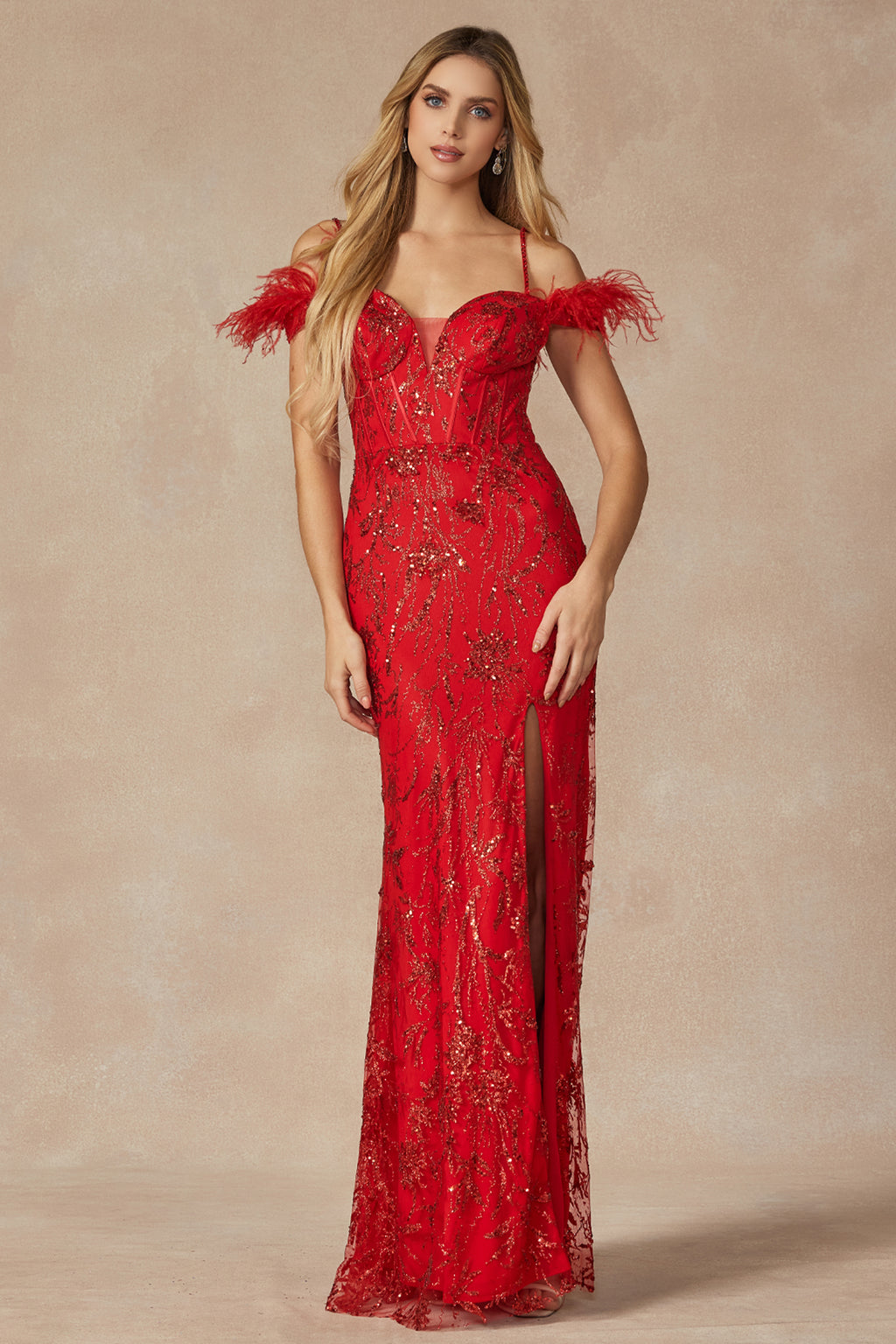 Glitter leaf sequin gown with feathered sleeves