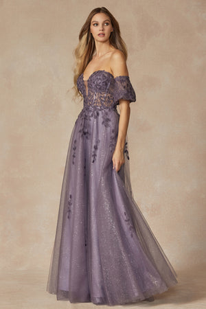 Leaf embroidered gown with detachable sleeves