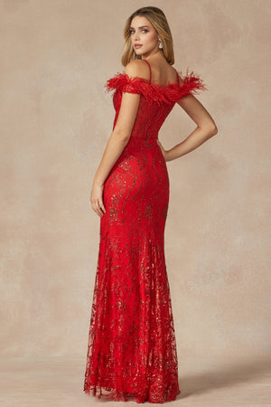 Glitter leaf sequin gown with feathered sleeves