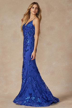 Sequin lace embellishments fitted prom gown