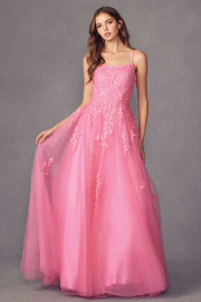 Floral applique tulle prom ball gown