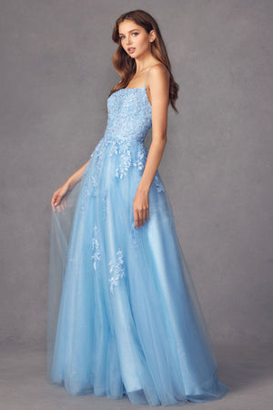 Floral applique tulle prom ball gown