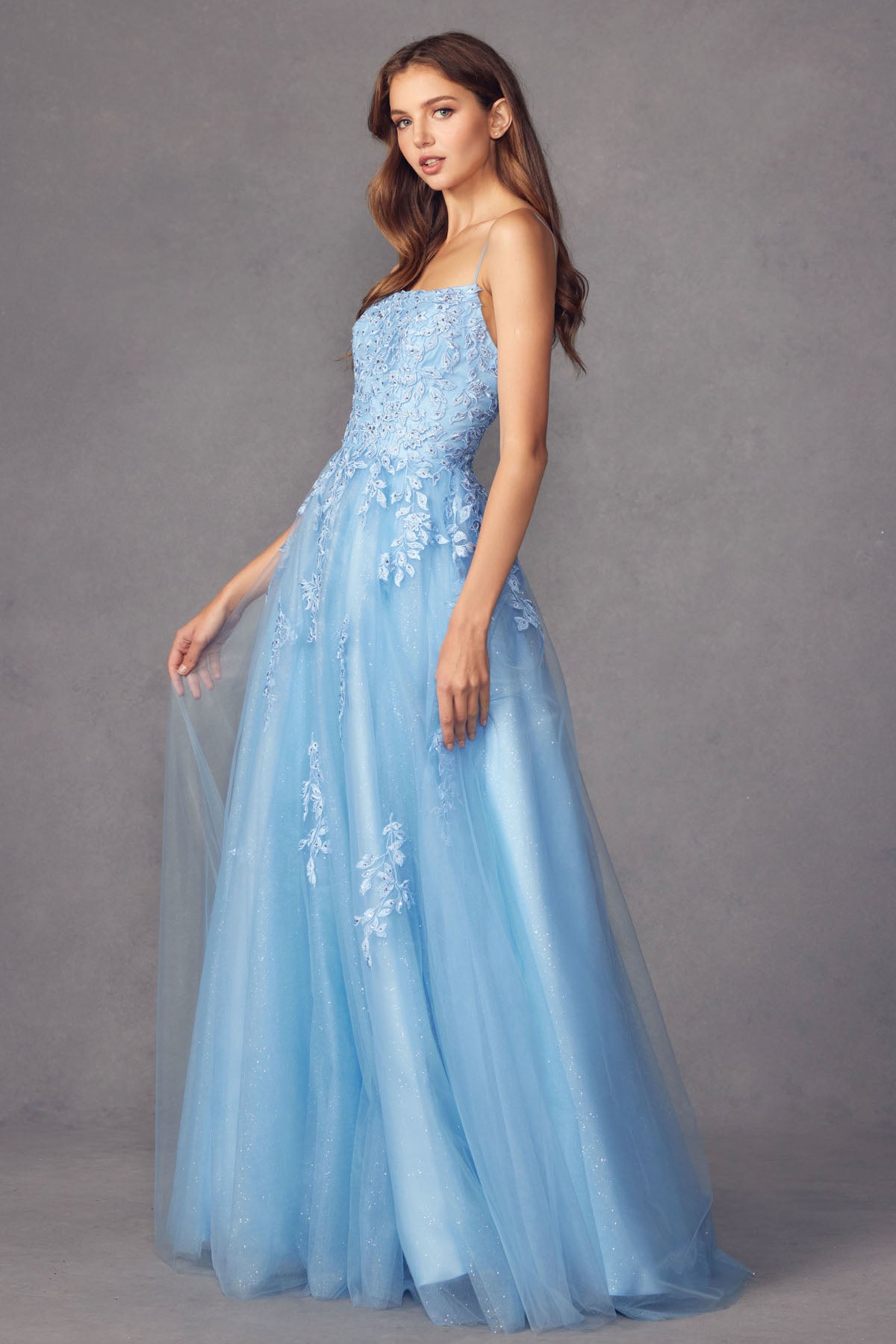 Floral applique tulle prom ball gown