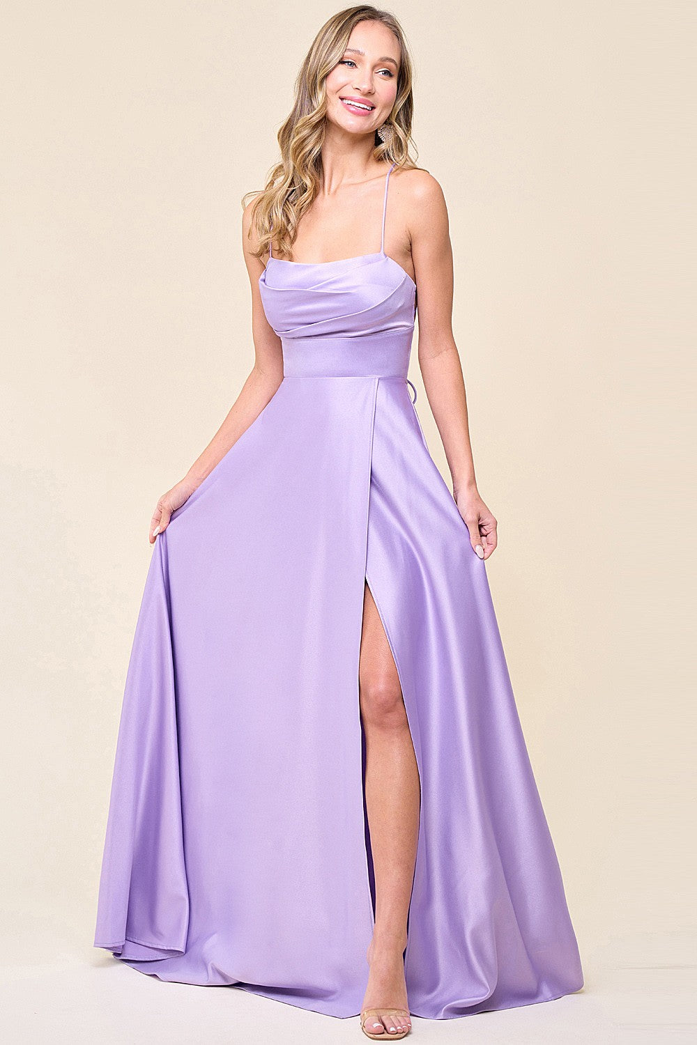 High Leg Slit A Line Satin Maxi Dress