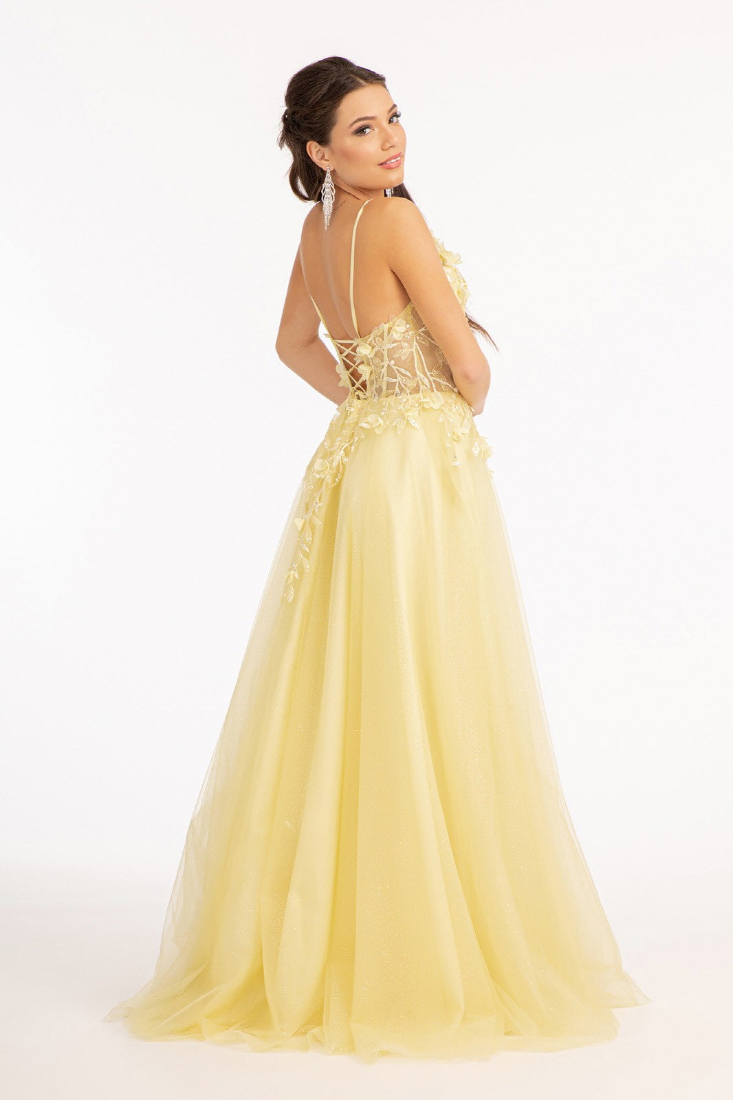3-D Flower Applique Glitter Mesh A-line Dress w/ Embroidery