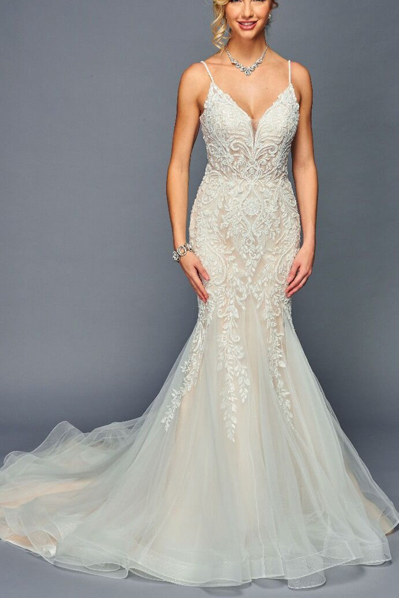 SPAGETTI STRAPS V-NECKLINE MERMAID COURT TRAIN WEDDING DRESS