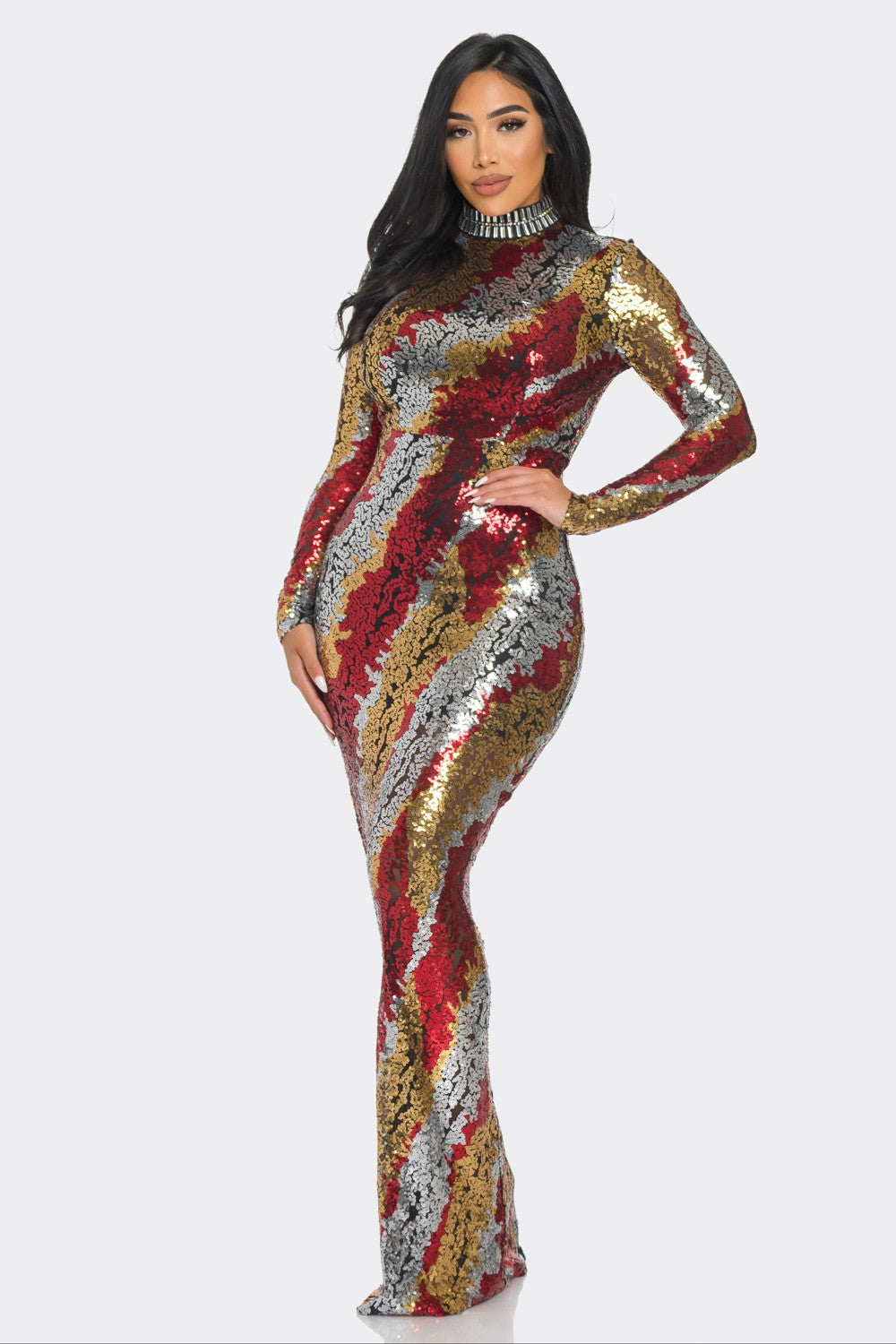 SEQUIN MOCK NECK LONG SLEEVE MAXI DRESS