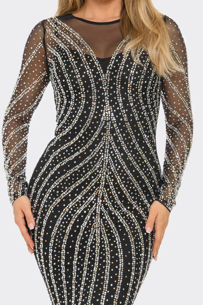 RHINESTONE SHEER MESH MAXI DRESS