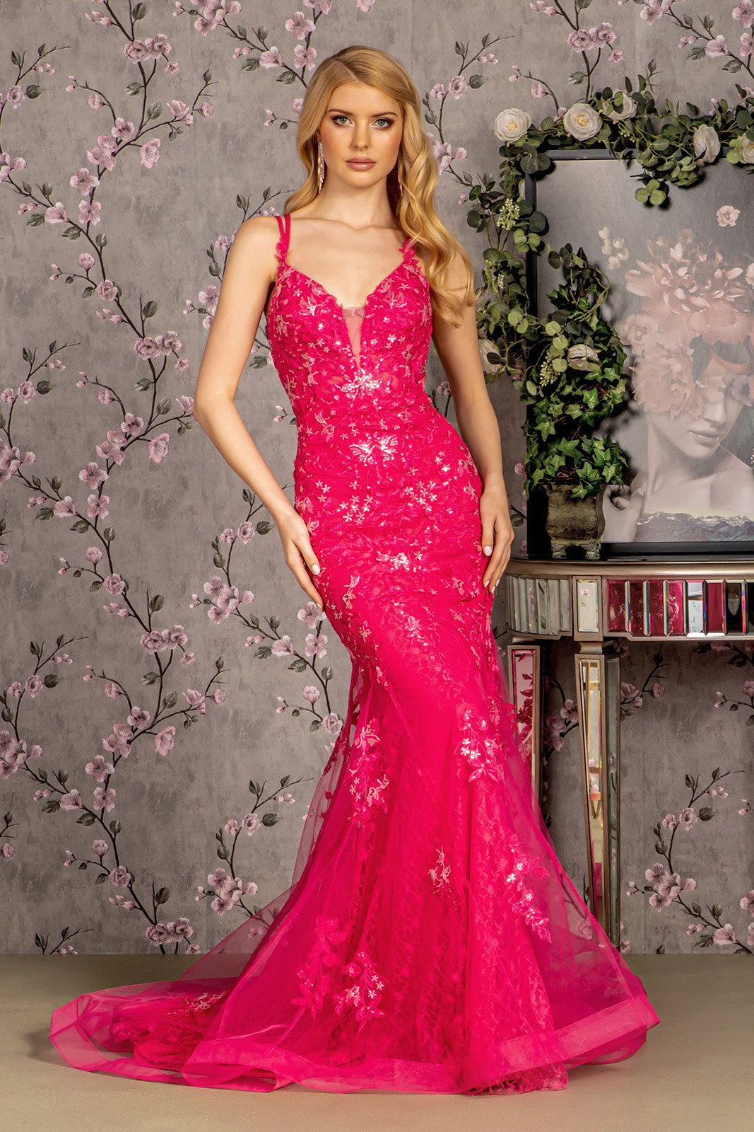 Floral Embroidery Sequin Sheer Bodice Mesh Mermaid