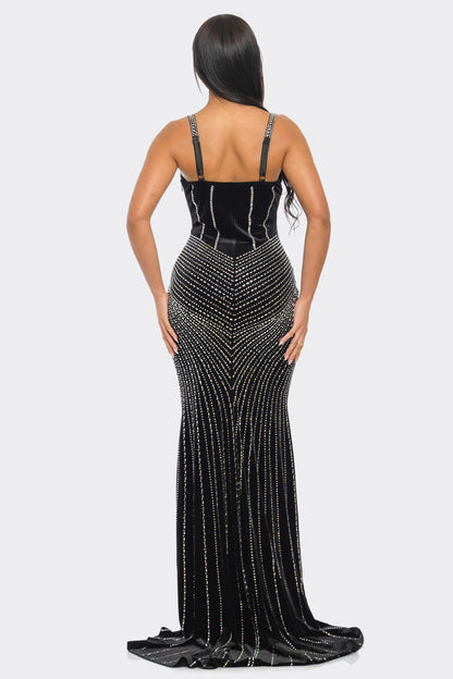 BUSTIER PRINTED RHINESTONE VELVET MAXI DRESS