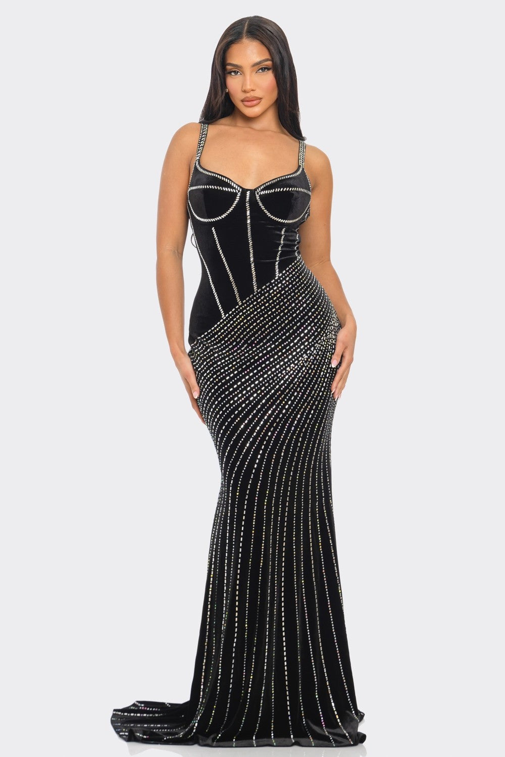 BUSTIER PRINTED RHINESTONE VELVET MAXI DRESS