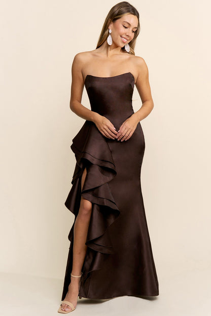 Front Cascade Ruffle And Slit Maxi Dress