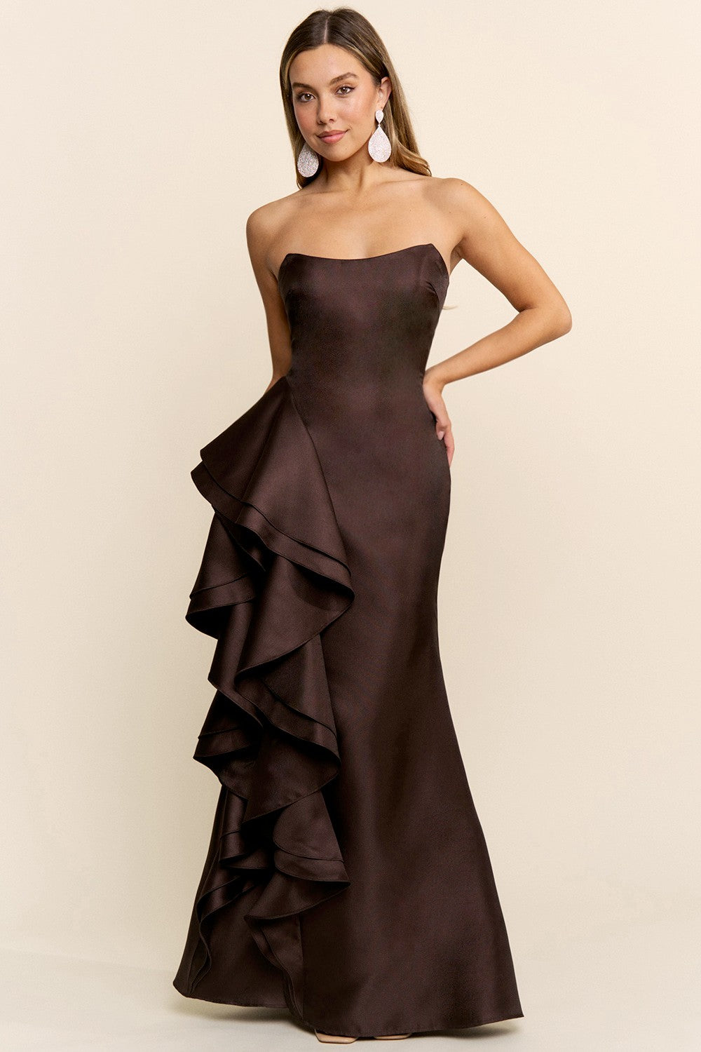 Front Cascade Ruffle And Slit Maxi Dress