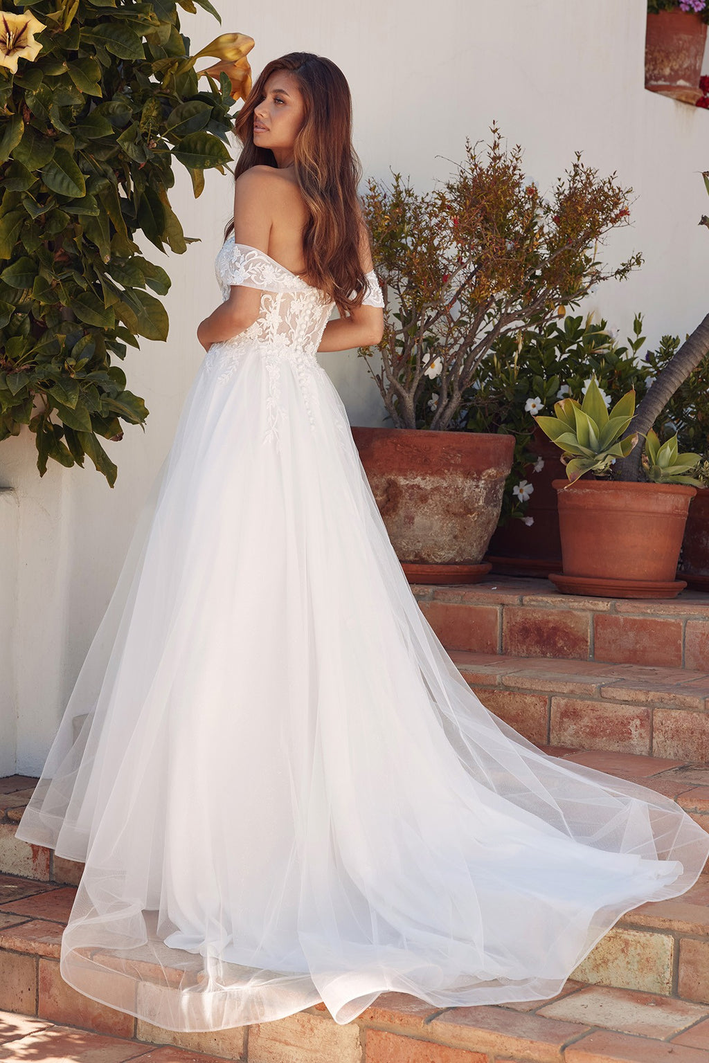 Off-Shoulder Wedding Gown with floral appliqué