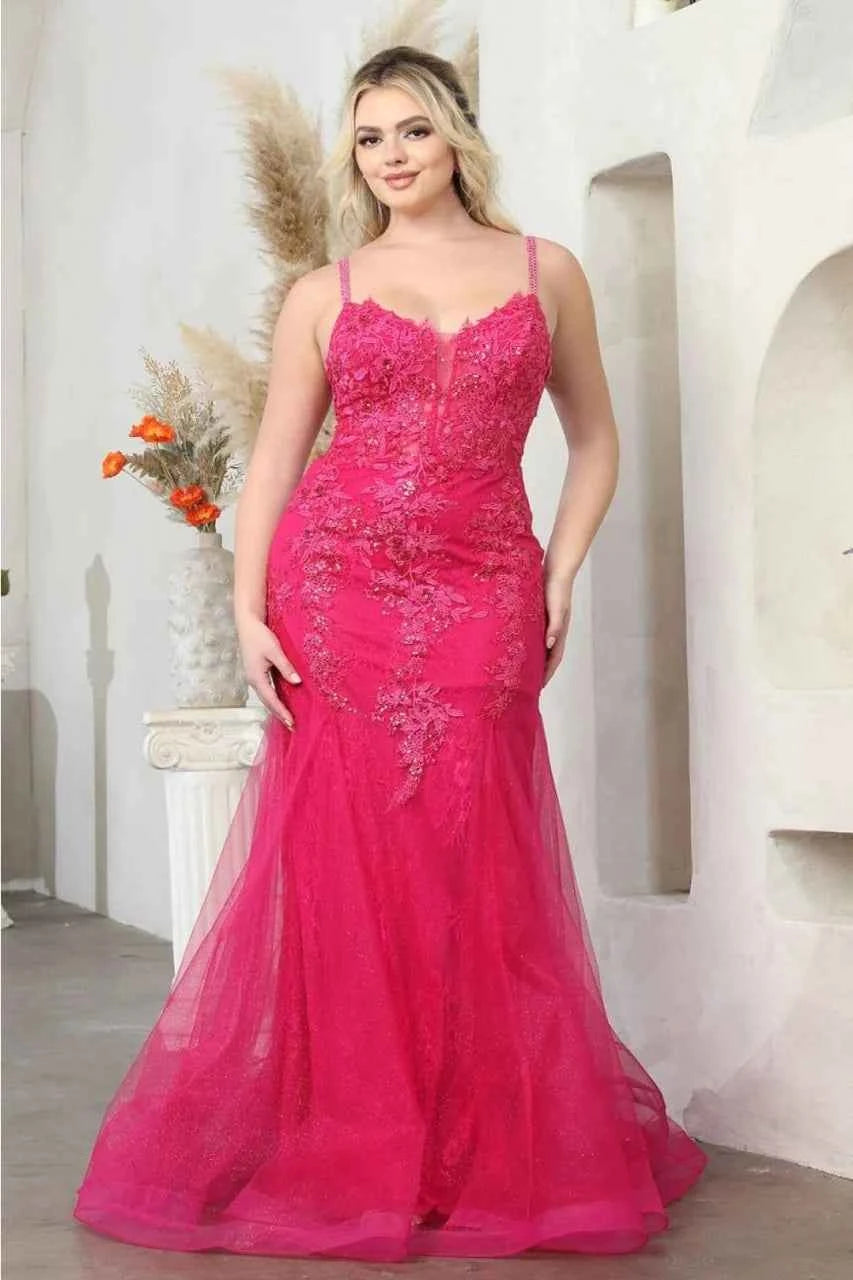 Spaghetti Strap Glitter V-Neck Prom Dress