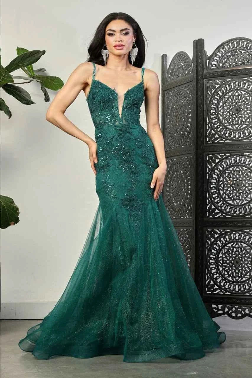 Spaghetti Strap Glitter V-Neck Prom Dress