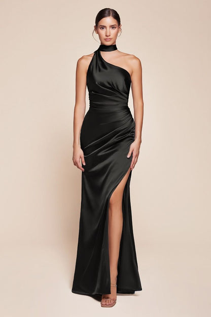 One shoulder neckline, gathered waistline & leg slit