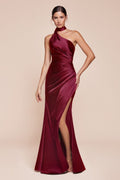 One shoulder neckline, gathered waistline & leg slit