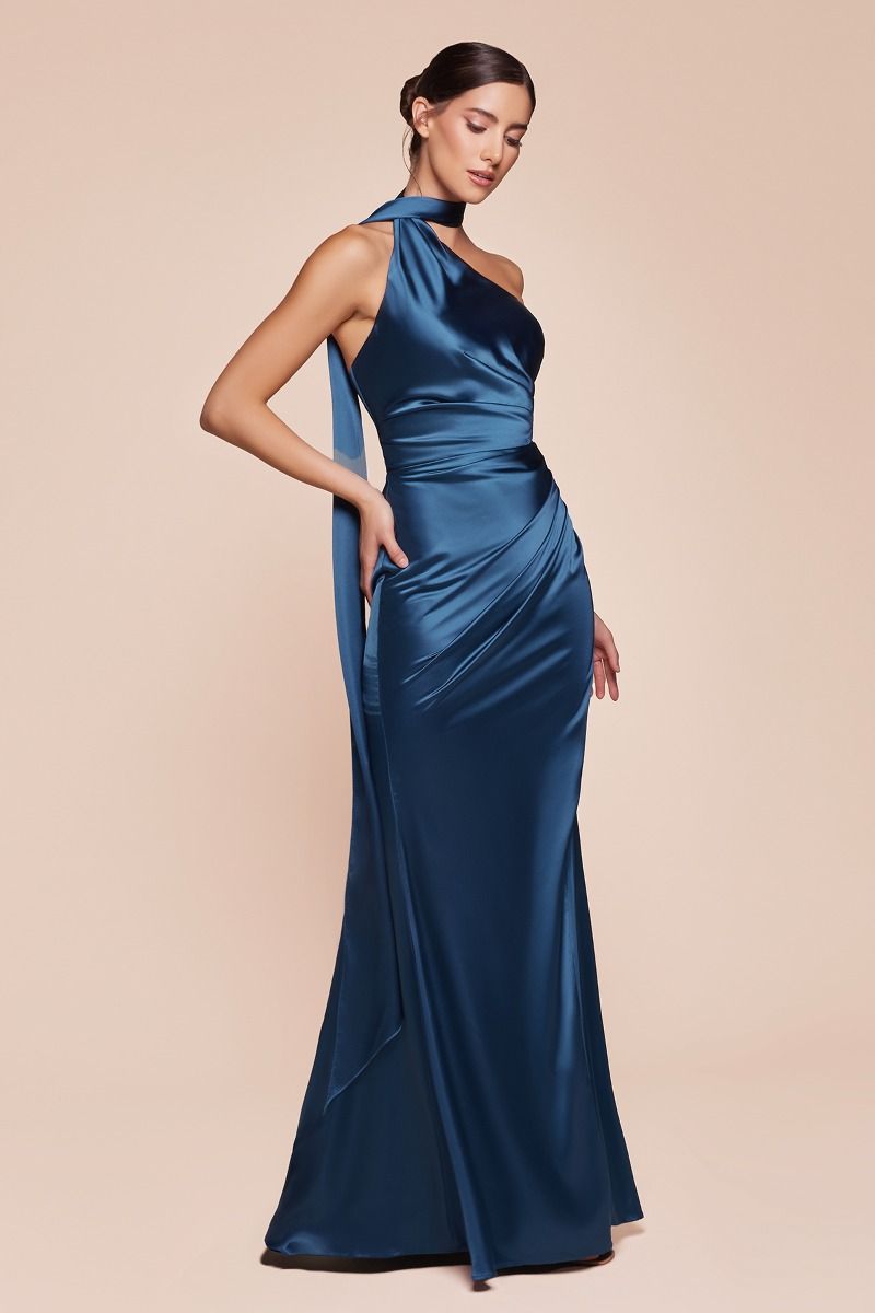 One shoulder neckline, gathered waistline & leg slit