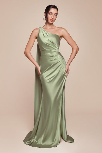 One shoulder neckline, gathered waistline & leg slit