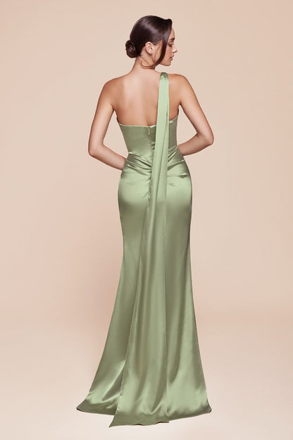 One shoulder neckline, gathered waistline & leg slit