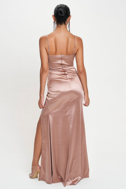 AMELA CROSSOVER FRONT SATIN MAXI DRESS