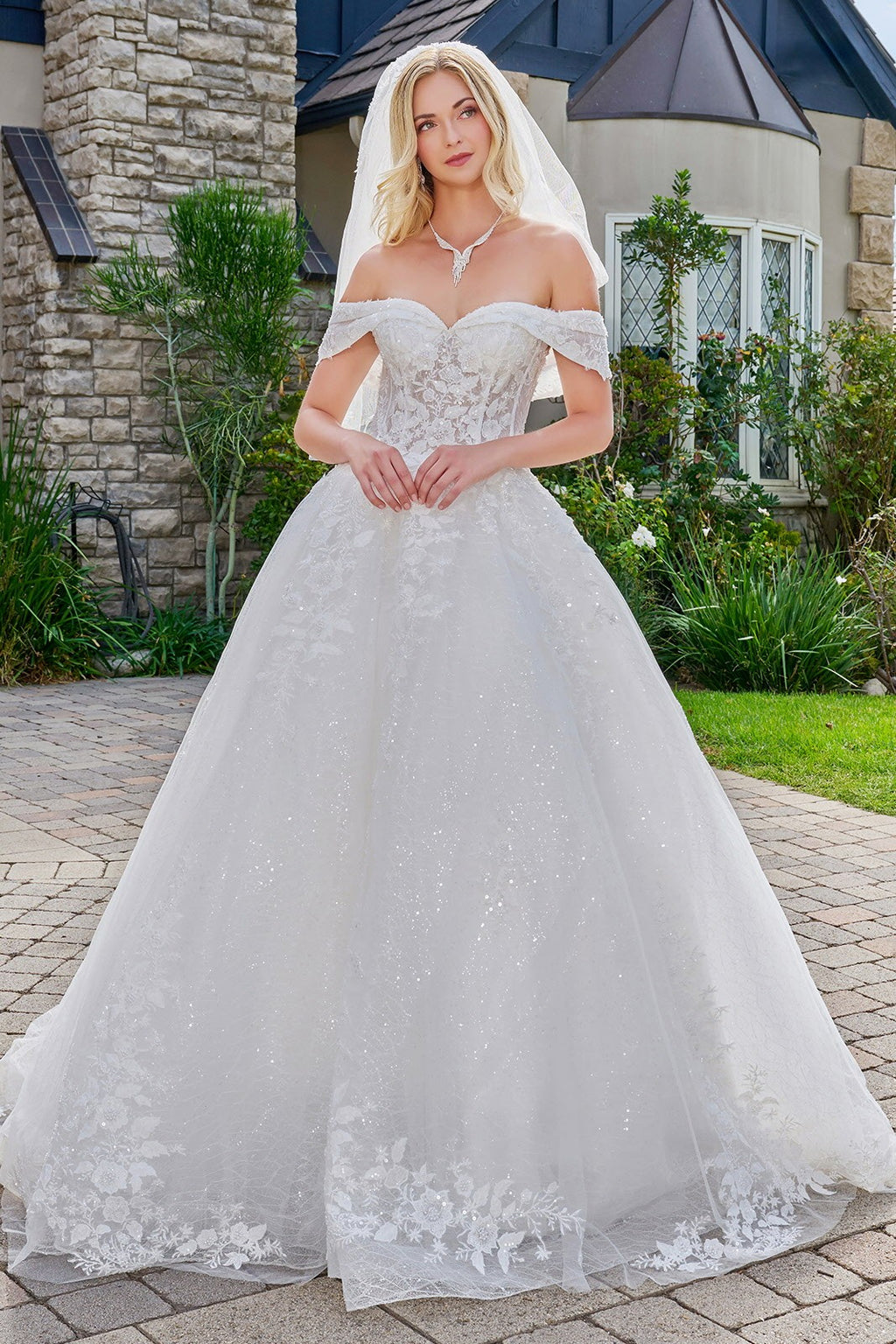 Double Fold Over Off-Shoulder Strap V-Neckline Ball Gown Wedding Dress