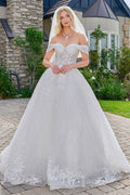 Double Fold Over Off-Shoulder Strap V-Neckline Ball Gown Wedding Dress
