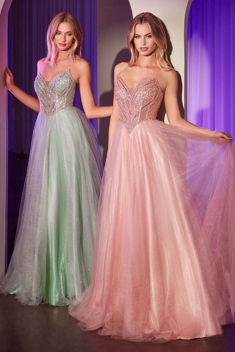 STRAPLESS BEADED TULLE BALL GOWN