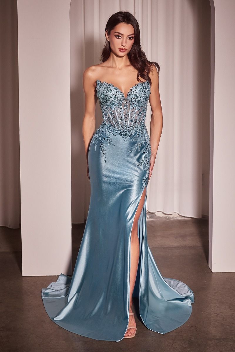 5 different colours SATIN & LACE STRAPLESS FITTED GOWN