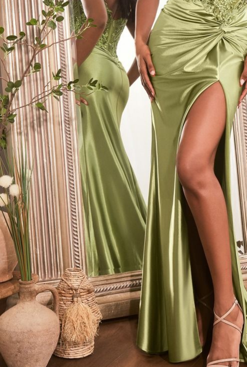 FITTED SATIN GOWN WITH EMBELLISHED BODICE