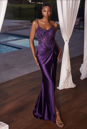 FITTED SATIN GOWN WITH EMBELLISHED BODICE