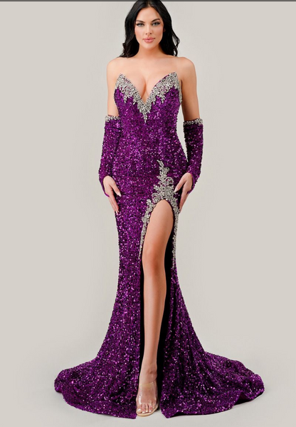 STRAPLESS SEQUIN GOWN WITH MATCHING GLOVES