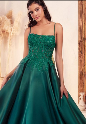 MIKADO EMERALD BALL GOWN WITH LACE DETAILS