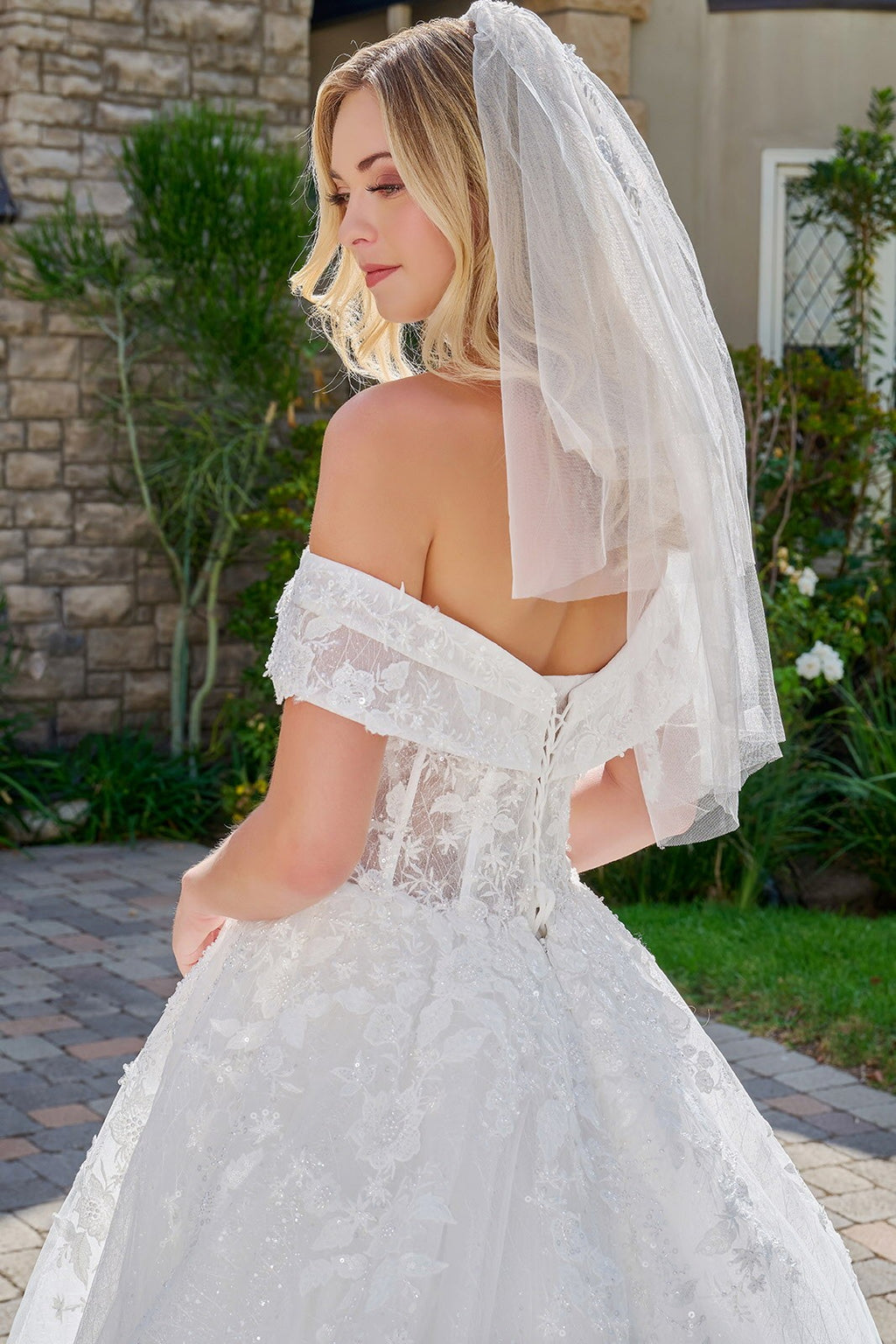 Double Fold Over Off-Shoulder Strap V-Neckline Ball Gown Wedding Dress