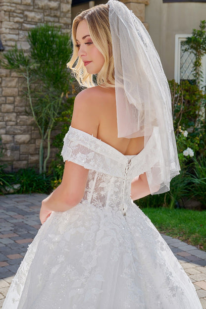 Double Fold Over Off-Shoulder Strap V-Neckline Ball Gown Wedding Dress