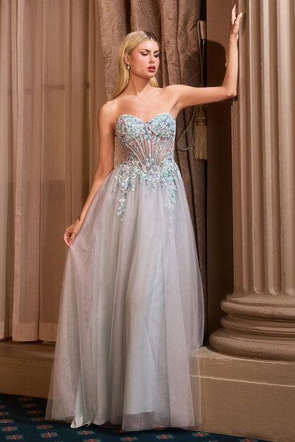 Delicate beaded floral motif & layered glitter tulle