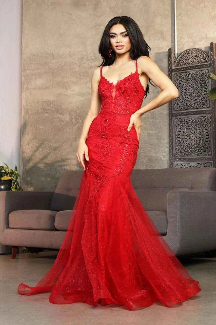 Spaghetti Strap Glitter V-Neck Prom Dress
