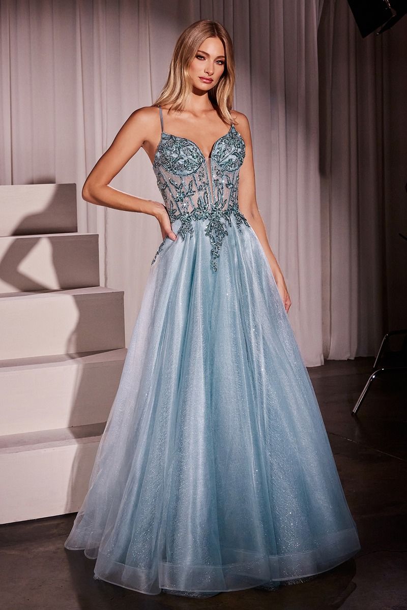 A-LINE LAYERED TULLE GOWN & LACE EMBELLISHED BODICE