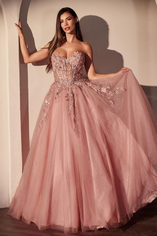 PINK BALL GOWN WITH FLORAL APPLIQUE