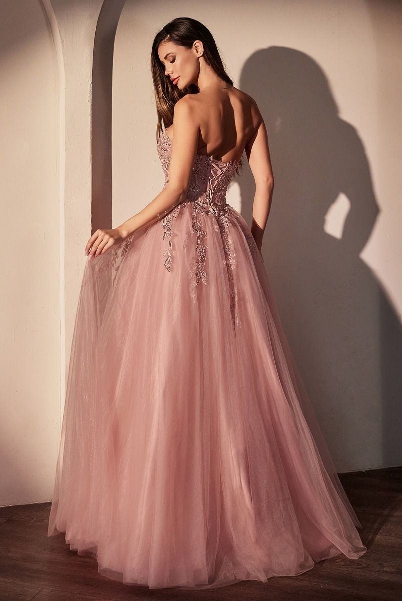 PINK BALL GOWN WITH FLORAL APPLIQUE