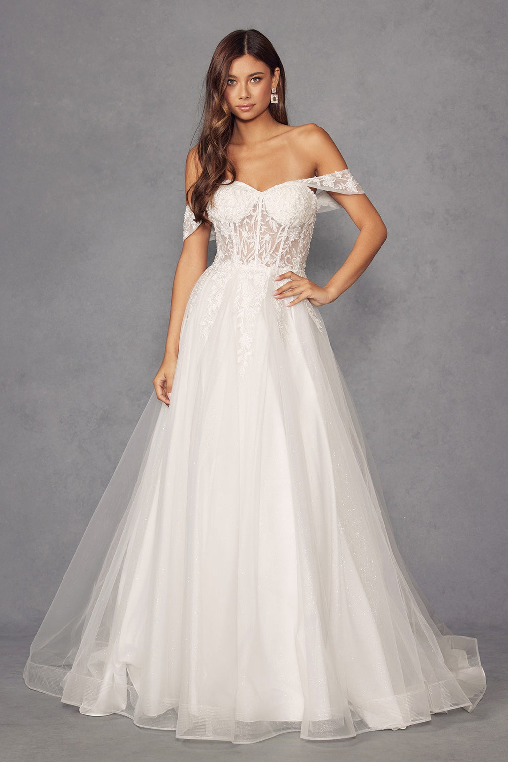 Off-Shoulder Wedding Gown with floral appliqué