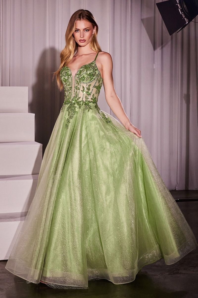 A-LINE LAYERED TULLE GOWN & LACE EMBELLISHED BODICE