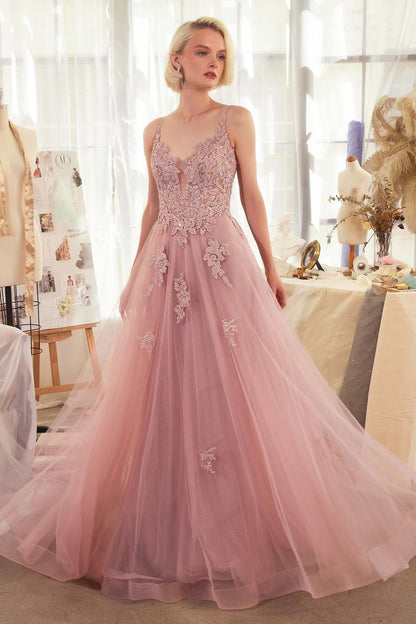 LACE APPLIQUED A-LINE LAYERED TULLE GOWN