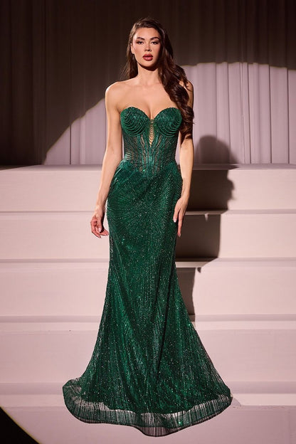 LONG STRAPLESS GLITTER DRESS