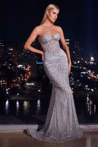 LONG STRAPLESS GLITTER DRESS