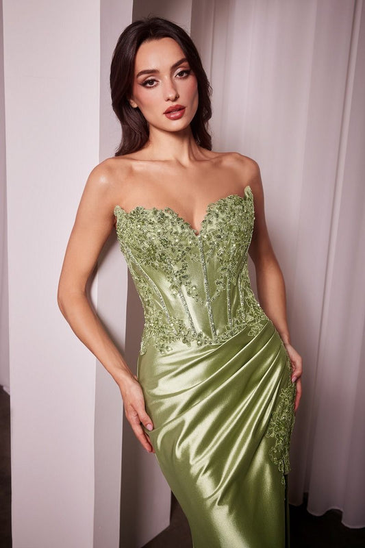 Satin stretch skirt with lace-appliqued corset bodice